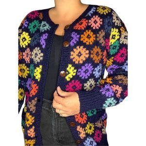 Motif Hand Knitted in Nepal 100% Wool Multicolored Floral Cardigan